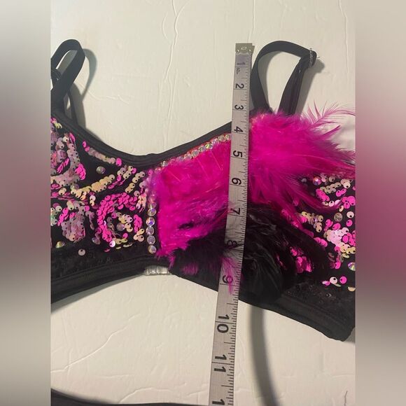 Glamour solo dance costume pink black Feather embellished leotard 2 piece XLC - Picture 8 of 12